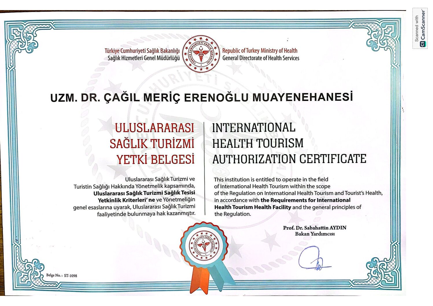 Uzm. Dr. Çağıl Meriç Erenoğlu — Uluslararası Sağlık Turizmi Yetki Belgesi
